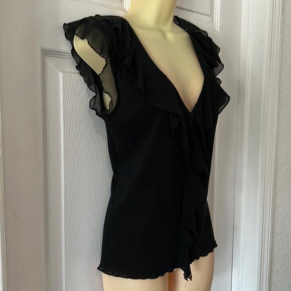 The Limited Black Nylon Mesh Knit Top Blouse Woman Medium V-Neck Ruffle - Picture 3 of 10